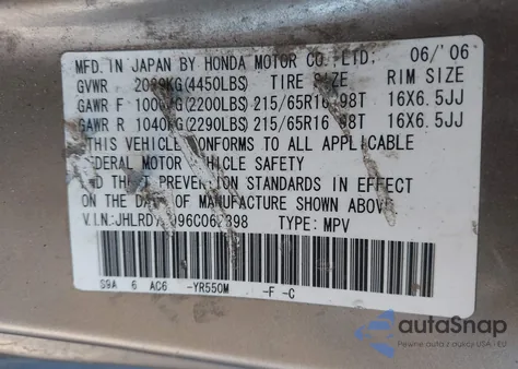 2006 Honda Cr-V Se из США, поврежденный, VIN JHLRD78996C062398